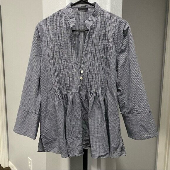 Mel & Lisa Blouse Large Gingham Farmhouse Bell Sleeve Blouse Blue White V Neck - Picture 1 of 6